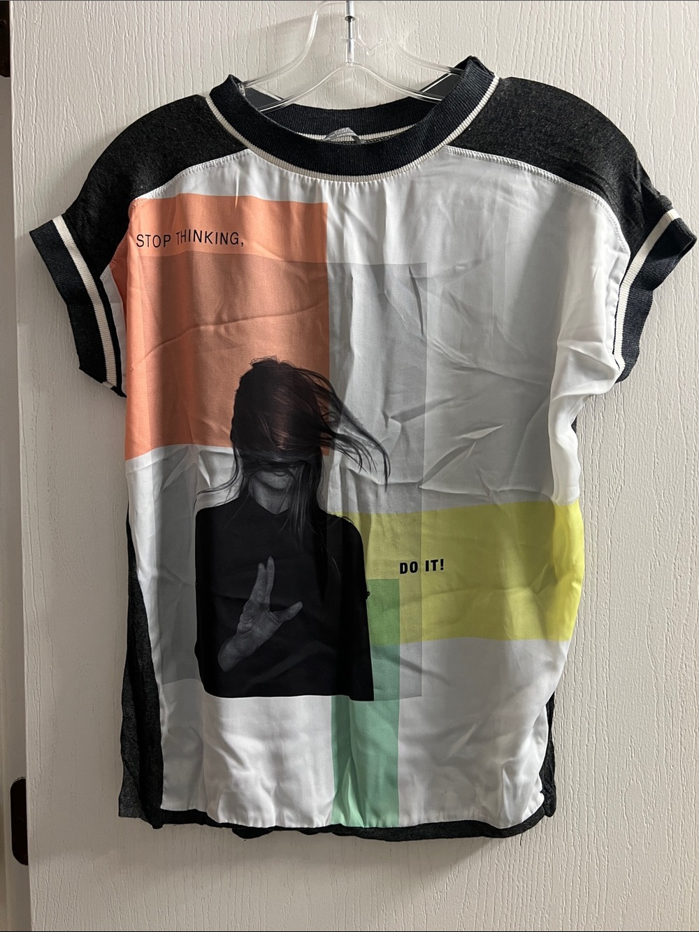 Zara Black Short Sleeve Top with Pastel Color Blocks